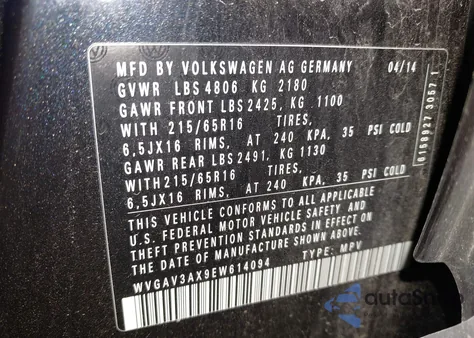 2014 Volkswagen Tiguan S из США, поврежденный, VIN WVGAV3AX9EW614094